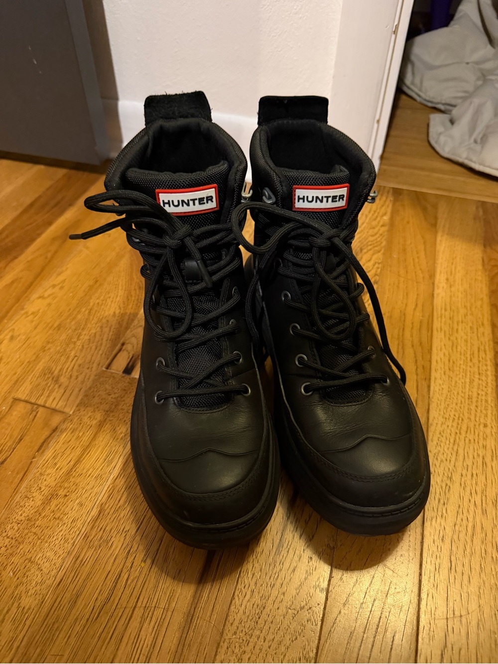 Hunter Black Lace-Up Combat Boots with Logo Patch